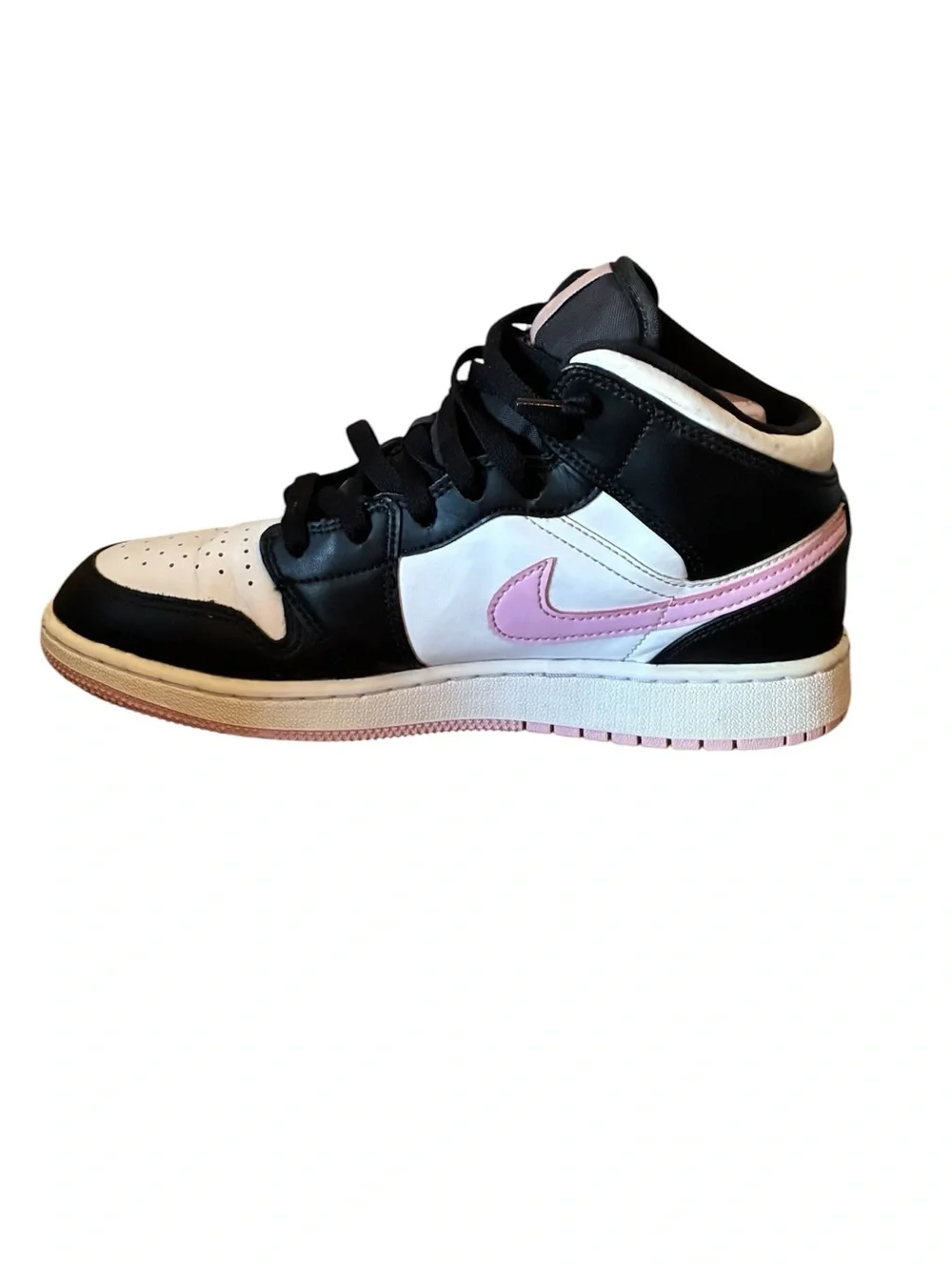 Nike Air Jordan 1 Mid Black White Pink Swoosh Youth Size 7